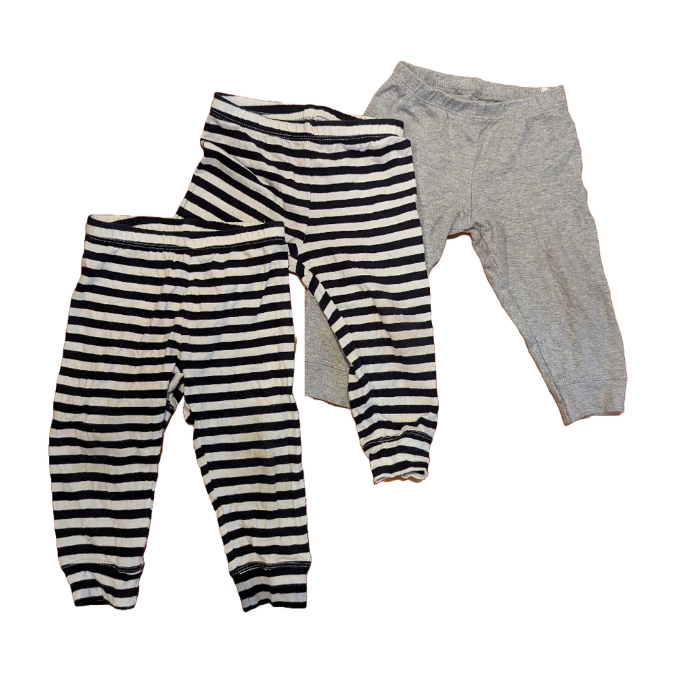 Set of 3 Primary Baby Pants, navy stripe and heather grey, 12-18 mo
